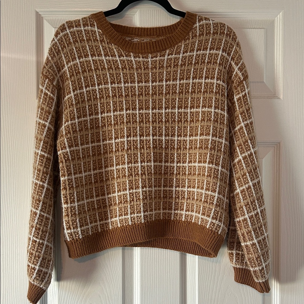 Brown and White Plaid Women's Sweater